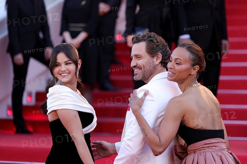 Cannes, France, 17.5.2024: Selena Gomez, Edgar Ramirez and Zoe Saldana at the premiere of Emilia Perez on the red carpet of the Palais des Festivals during the 77th Cannes International Film Festival. The 77th Cannes International Film Festival will take place from 14 to 25 May 2024, Europe