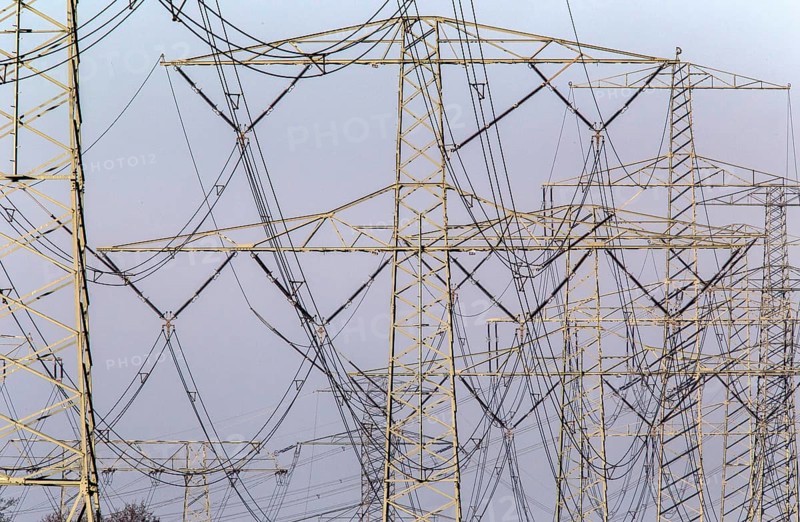 Power lines and pylons on 09 December 2014 in Jaenschwalde, Jaenschwalde, Brandenburg, Germany, Europe