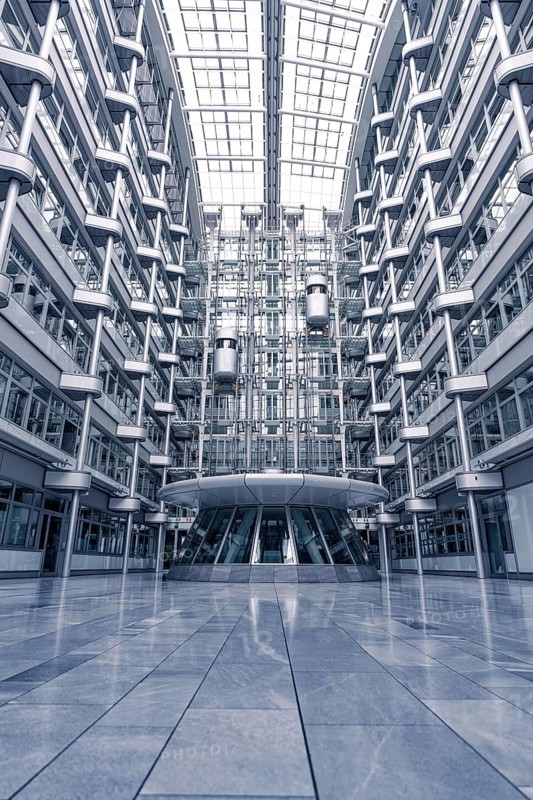 Interior of a modern building with glass facades and symmetrical structures, Berlin, IHK, Germany, Europe