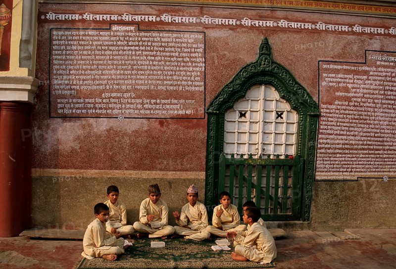 High caste hindu boys learning religious texts in a hindu school, gurukul, Janakpur, Nepal, Asia