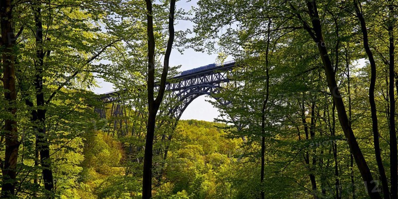 View from the forest to the Muengsten Bridge with railway, the highest railway bridge in Germany between Solingen and Remscheid