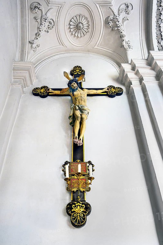 Crucifix, mission cross, former monastery church of St. Peter and Paul, monastery or abbey of Irsee, former Benedictine abbey, today a conference and education centre of the district of Swabia, Irsee, Swabia, Bavaria, Germany, Europe