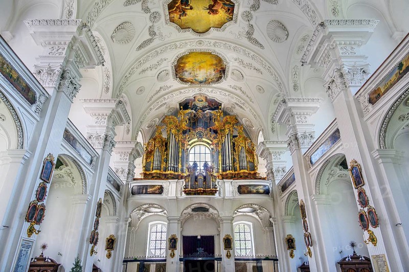 Organ loft, former monastery church of St. Peter and Paul, Irsee monastery or abbey, former Benedictine abbey, is now a conference and education centre of the district of Swabia, Irsee, Swabia, Bavaria, Germany, Europe