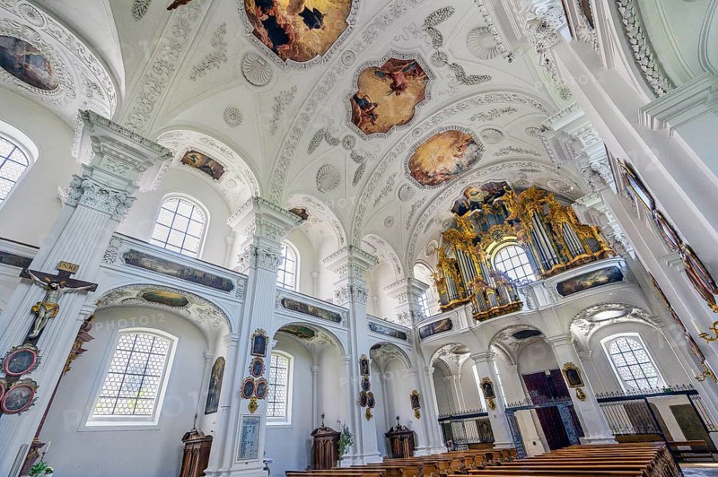 Organ loft, former monastery church of St. Peter and Paul, Irsee monastery or abbey, former Benedictine abbey, is now a conference and education centre of the district of Swabia, Irsee, Swabia, Bavaria, Germany, Europe