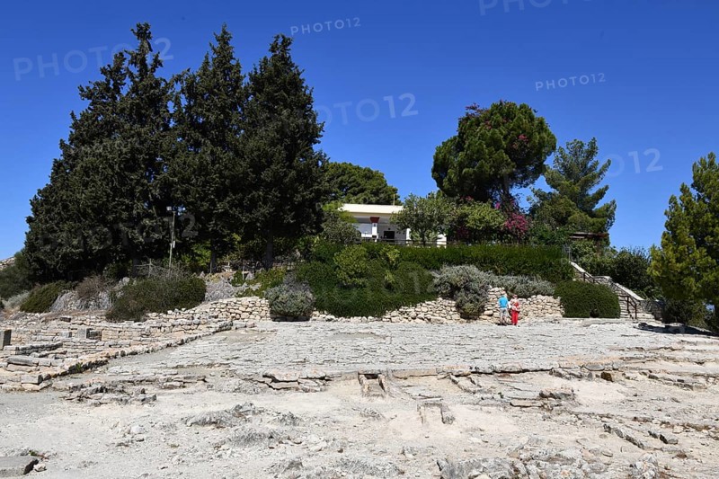 View of upper square courtyard open space court floor find of palace of Phaistos of Minoan culture of pre-Greek people Minoans in antiquity, Kamilari, Crete, Greece, Europe
