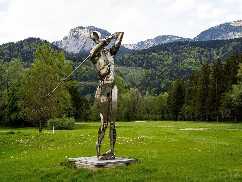 Statue of a golfer, golf course near Woerschach, Ennstal, Styria
