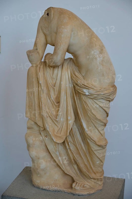 Statue, Torso, Aphrodite, Headless marble sculpture of a seated figure, wrapped in a cloth, classical antiquity, interiors, Archaeological Museum, Old Town, Rhodes Town, Rhodes, Dodecanese, Greek Islands, Greece, Europe
