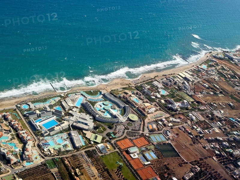 Aerial view of beach sea beach section with large hotel complexes near Heraklion, Heraklion, Crete, Greece, Europe