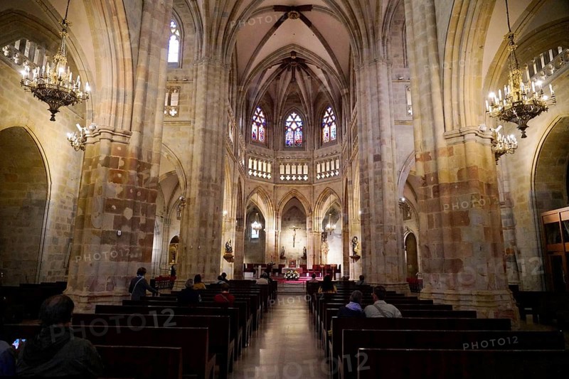 Cathedral, Old Town, Bilbao, Basque Country, Spain, Europe, Interior of a Gothic church with arches, stained glass windows and chandeliers, Europe