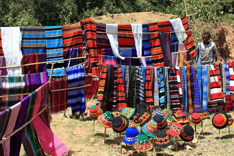 South Ethiopia, souvenirs on the street, handicrafts, home-made shawls, scarves and hats, Ethiopia, Africa