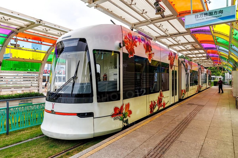 Guangzhou Haizhu Tram modern public transport at the Liede Bridge South stop in Guangzhou, China, Asia