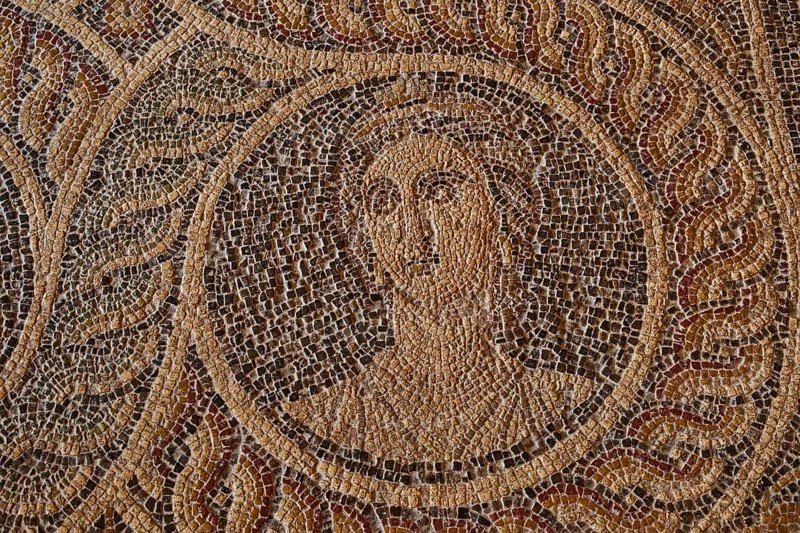 Polyhymnia, the hymn-rich muse, the muse of pantomime, One of the nine muses, Historical mosaic art of a person surrounded by geometric patterns, Interior view, Grand Master's Palace, Knights' Town, Rhodes Town, Rhodes, Dodecanese, Greek Islands, Greece, Europe