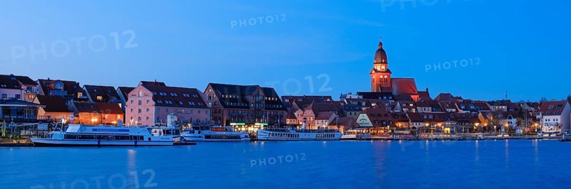 Town view of Lake Mueritz with St Mary's Church, Blue Hour, Waren, Mueritz, Mecklenburg Lake District, Mecklenburg, Mecklenburg-Western Pomerania, Germany, Europe