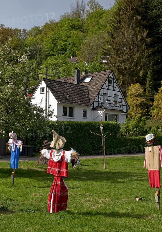 Scarecrows at the parish hall of the Protestant church in Unterburg, Solingen, Bergisches Land, North Rhine-Westphalia