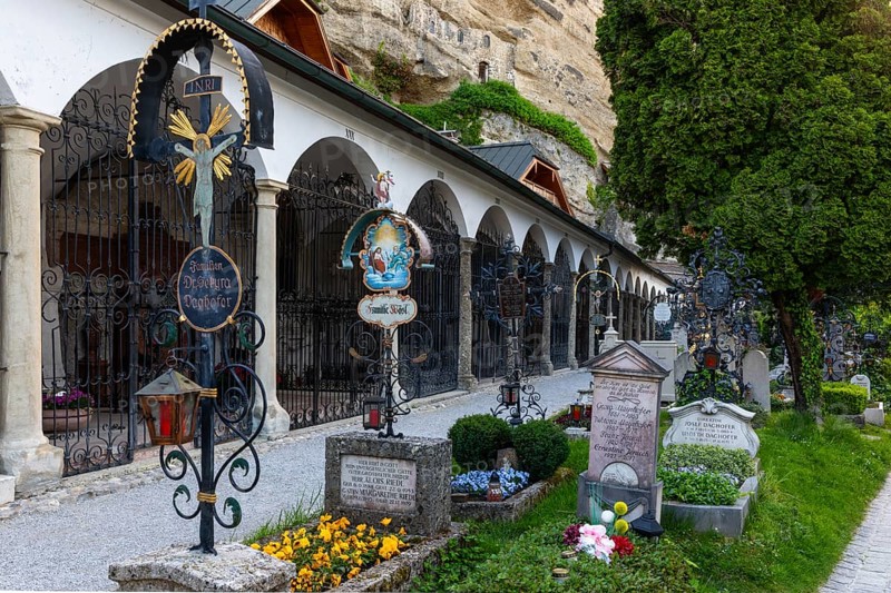 Graves, crypt arcades at St Peter's Cemetery, City of Salzburg, Province of Salzburg, Austria, Europe
