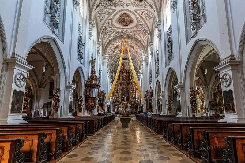 Interior and altar of the parish church of the Assumption of the Virgin Mary, Landsberg am Lech, Upper Bavaria, Bavaria, Germany, Europe