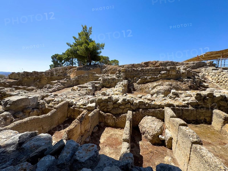 View of ancient foundation walls Walls in north-east part of north-east complex of excavation site on hill of Phaistos of Minoan culture pre-Greek ancient Greek people Minoans in antiquity, Kamilari, Crete, Greece, Europe