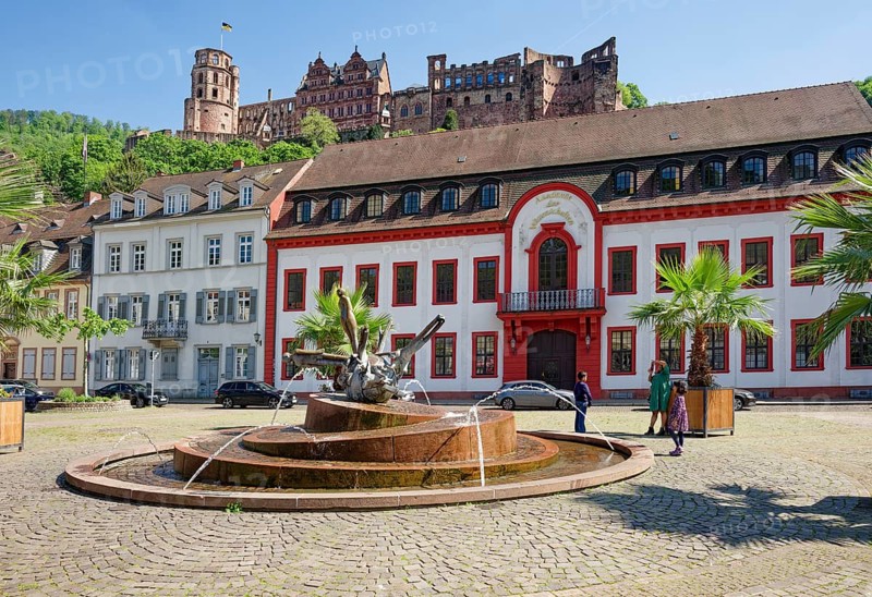 Sebastian Minster Fountain by Michael Schoenenholtz, Heidelberg Academy of Sciences and Humanities on Karlsplatz and Heidelberg Castle, Heidelberg, Baden-Wuerttemberg, Germany, Europe