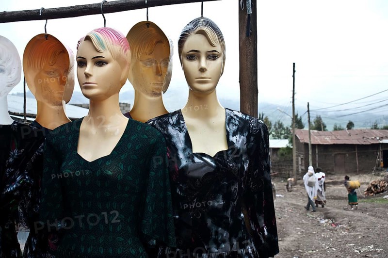 Shop mannequins outside of a shop selling clothing for local women, Tigray state, Ethiopia, Africa