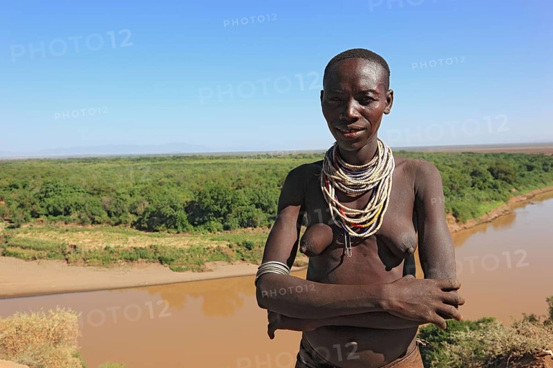 South Ethiopia, Omo region, Omo river landscape, proud woman of the Karo people with necklace, Ethiopia, Africa