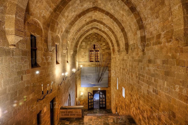 Interior view of a historic building with vaulted ceiling and soft lighting, interior view, Grand Master's Palace, Knights' Town, Rhodes Town, Rhodes, Dodecanese, Greek Islands, Greece, Europe