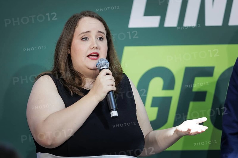 Ricarda Lang, Federal Chairwoman of Buendnis 90/DIE Gruenen, pictured at a press event in Berlin, 13 May 2024. The campaign tours for the European elections of Buendnis 90/DIE Gruenen start today