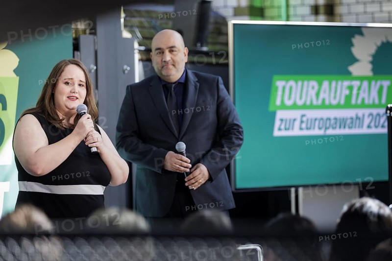 Ricarda Lang, Federal Chairwoman of Buendnis 90/DIE Gruenen, and Omid Nouripour, Buendnis 90/DIE Gruenen, at a press event in Berlin, 13.05.2024. The campaign tours for the European elections of Buendnis 90/DIE Gruenen start today