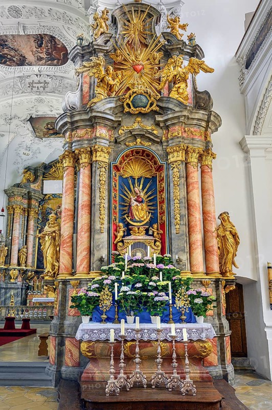 Side altar, former monastery church of St. Peter and Paul, Irsee monastery or abbey, former Benedictine abbey, today a conference and education centre of the district of Swabia, Irsee, Swabia, Bavaria, Germany, Europe