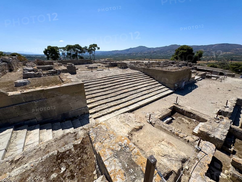 View of Propylaea monumental grand staircase to in front of ancient palace in archaeological site on hill of Phaistos of Minoan culture of pre-Greek people Minoans in antiquity, Kamilari, Crete, Greece, Europe
