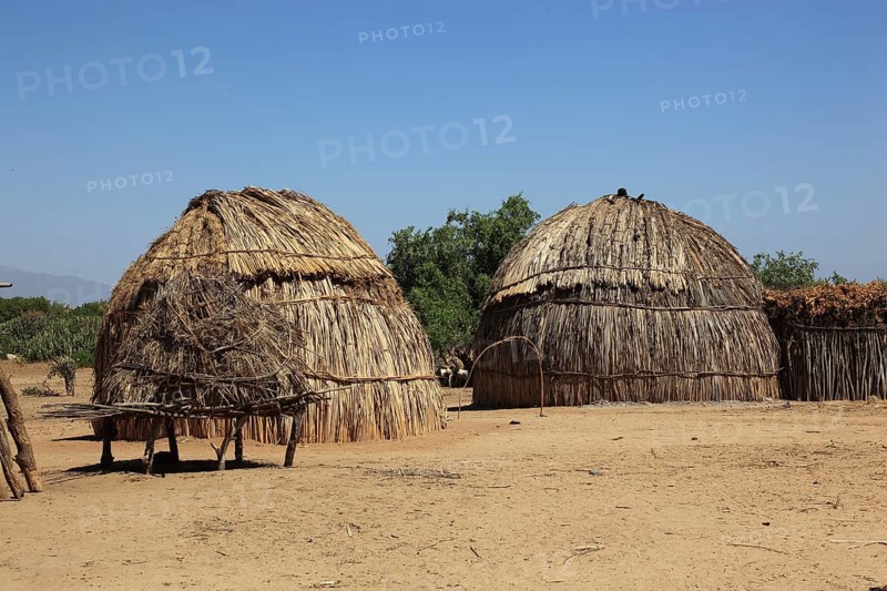 South Ethiopia, in a village of the Arbore or Erbore people at Lake Stefano, round huts, houses of the primitive people, Ethiopia, Africa