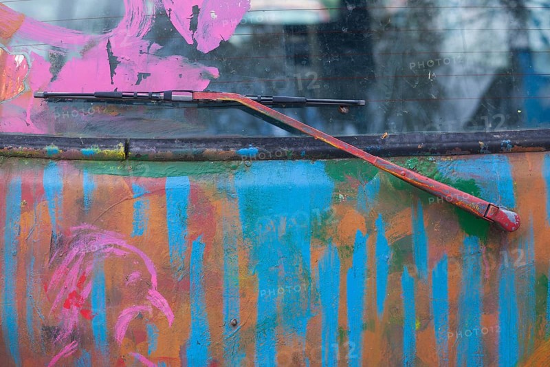 Windscreen wiper, colourfully painted vintage car, colour surface, Germany, Europe