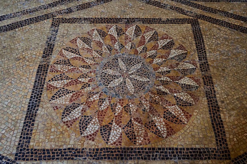 Geometric floor mosaic in brown and beige tones with symmetrical design, interior, Grand Master's Palace, Knights' Town, Rhodes Town, Rhodes, Dodecanese, Greek Islands, Greece, Europe