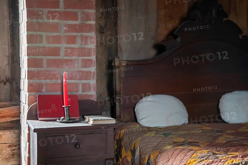 Fort Dodge, Iowa, The bedroom in the Carlson-Richey Cabin at the Fort Museum and Frontier Village. Operated by the Fort Dodge Historical Foundation, the museum displays the frontier life of the 1850s