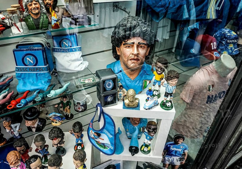 Diego Maradonna figurine in a souvenir shop. Maradonna brought success to SSC Napoli in the 1980s, Naples, 02/05/2024, Naples, Italy, Europe