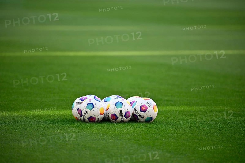 Adidas Derbystar match balls on the pitch, Allianz Arena, Munich, Bavaria, Germany, Europe