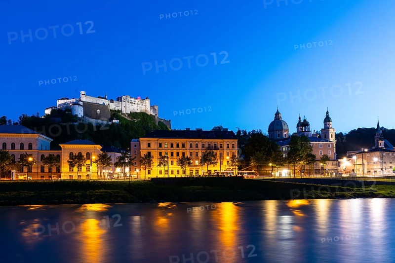 Hohensalzburg Fortress, Salzburg Cathedral, Old Town, Salzach, Blue Hour, City of Salzburg, Province of Salzburg, Austria, Europe