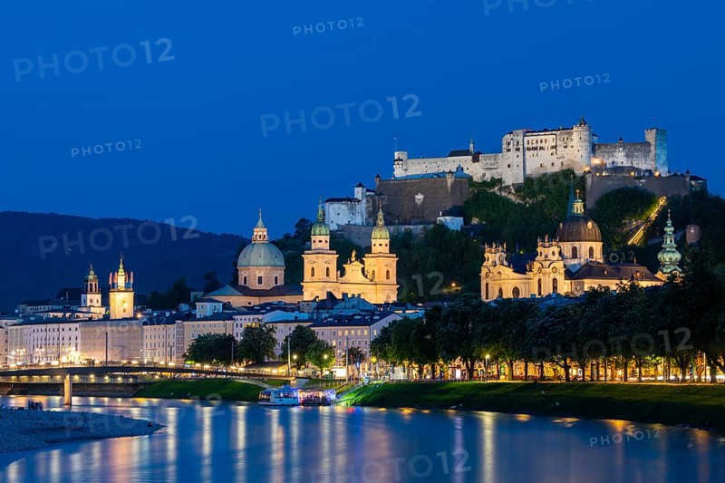Hohensalzburg Fortress, Salzburg Cathedral, Salzach, Blue Hour, City of Salzburg, Province of Salzburg, Austria, Europe