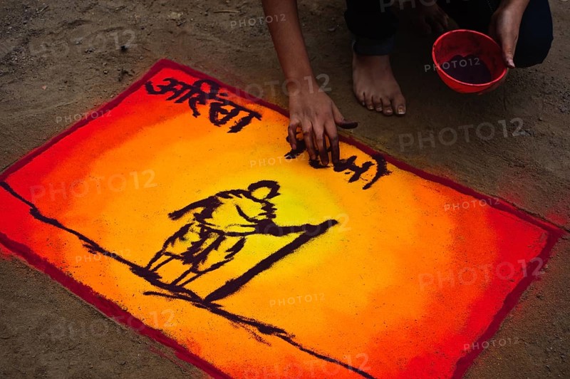 Rangoli representing the Mahatma Gandhi, ephemeral drawing from South Asia, Jharkhand, India, Asia