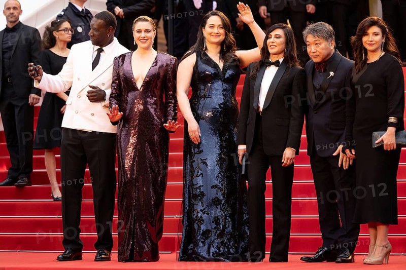 Cannes, France, 14.5.2024: Omar Sy, Greta Gerwig, Lily Gladstone, Nadine Labaki, Hirokazu Kore-eda, Ebru Ceylan, Juan Antonio Bayona, Eva Green and Pierfrancesco Favino during the opening of the 77th Cannes International Film Festival on the red carpet of the Palais des Festivals with the opening film Le Deuxieme Acte (The Second Act) . The 77th Cannes International Film Festival will take place from 14 to 25 May 2024, Europe