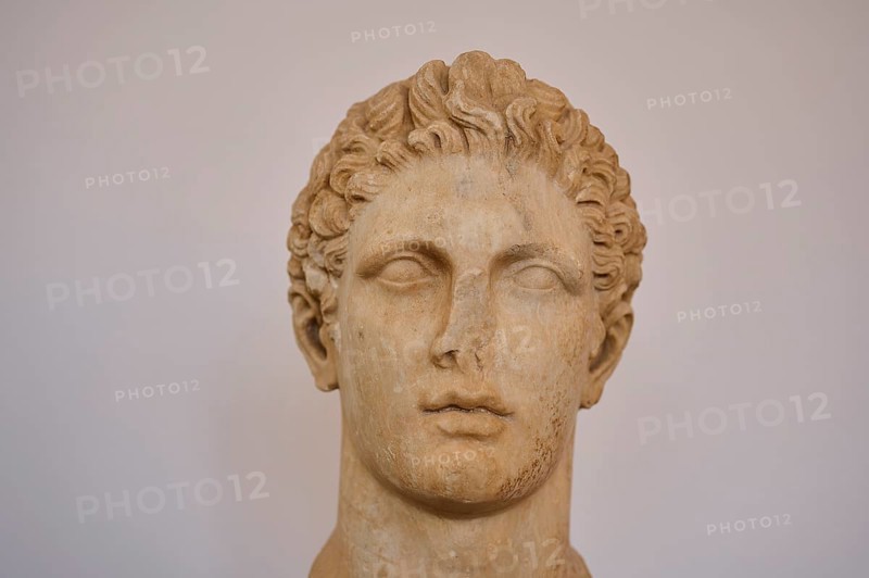 Head of an athleteAncient stone bust of a man in classical style, displayed in a museum, interiors, Archaeological Museum, Old Town, Rhodes Town, Rhodes, Dodecanese, Greek Islands, Greece, Europe