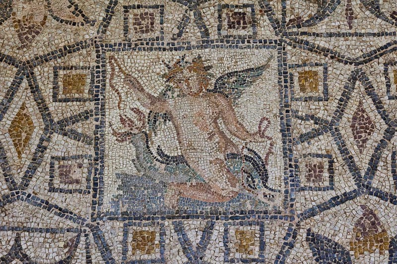 Eros riding a dolphin, Antique mosaic with a winged mythological figure in the centre, surrounded by decorative patterns, outdoor area, Archaeological Museum, Old Town, Rhodes Town, Rhodes, Dodecanese, Greek Islands, Greece, Europe