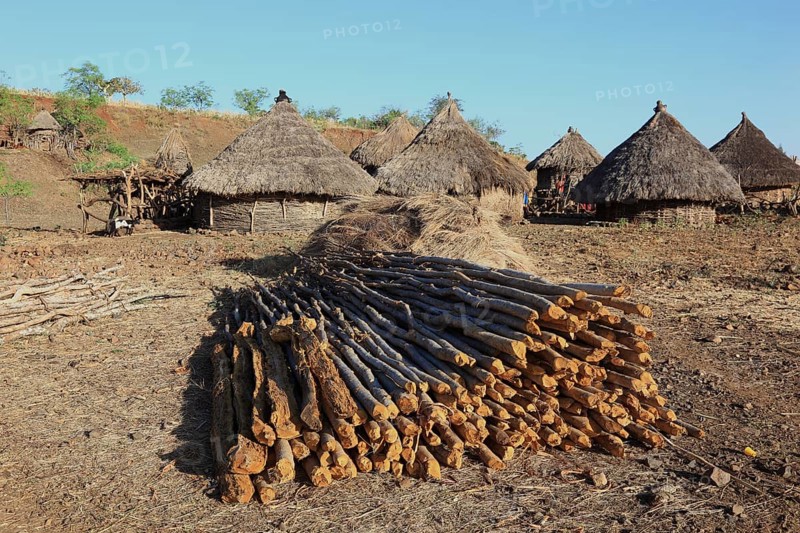 South Ethiopia, in a village of the Konso people, wooden poles and milled grain in front of the round huts, Ethiopia, Africa