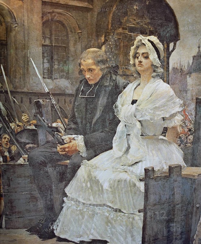 Book illustration representing the queen of France Marie Antoinette on her way to the place where she will be publicly executed, painting by Francois Flameng, 1886 painting