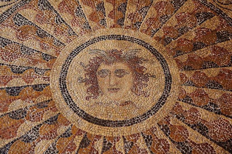 Detailed antique mosaic of a female face representing the sun, head of Medusa, interior view, Grand Master's Palace, Knights' Town, Rhodes Town, Rhodes, Dodecanese, Greek Islands, Greece, Europe