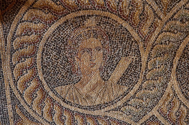 Kleio, the muse of history with scroll, One of the nine muses, Finely crafted mosaic of an ancient female figure, Interior, Grand Master's Palace, Knights' Town, Rhodes Town, Rhodes, Dodecanese, Greek Islands, Greece, Europe