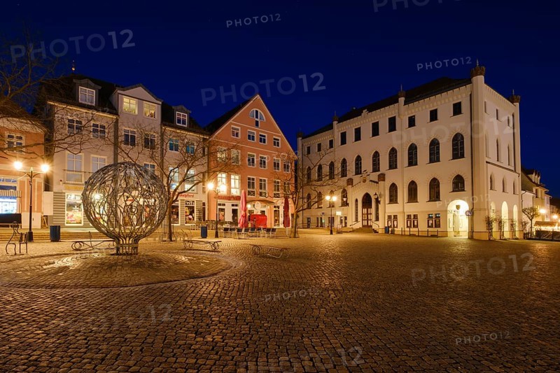 Illuminated buildings with town hall and museum, Neuer Markt, Blue Hour, Waren, Mueritz, Mecklenburg Lake District, Mecklenburg, Mecklenburg-Western Pomerania, Germany, Europe