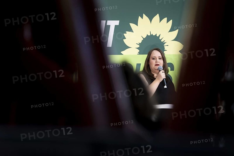 Ricarda Lang, Federal Chairwoman of Buendnis 90/DIE Gruenen, pictured at a press event in Berlin, 13 May 2024. The campaign tours for the European elections of Buendnis 90/DIE Gruenen start today