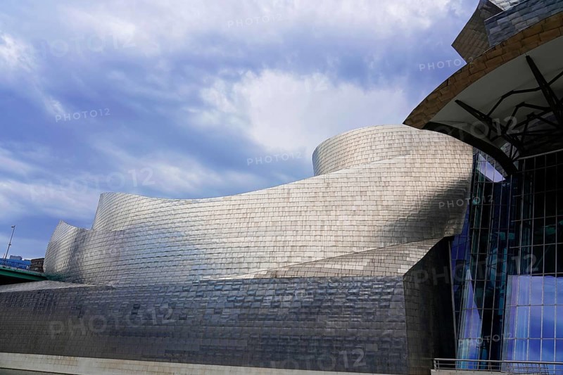 Guggenheim Museum Bilbao on the banks of the river Nervion, architect Frank O. Gehry, Bilbao, Beautifully curved metal structure of a modern museum under a cloudy sky. The architecture looks futuristic and innovative, Guggenheim Museum, Architect Frank O. Gehry, Bilbao, Province of Bizkaia, Basque Country, Spain, Europe