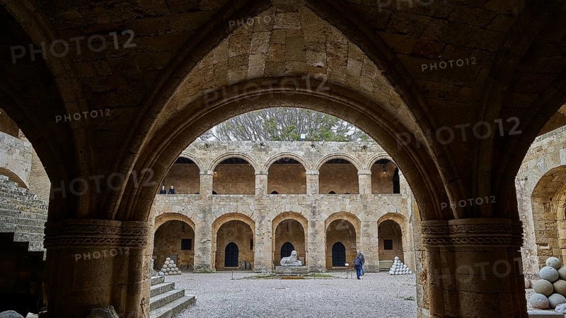 Architecture of a historic courtyard with Gothic arcades, indicates medieval construction, outdoor area, Archaeological Museum, Old Town, Rhodes Town, Rhodes, Dodecanese, Greek Islands, Greece, Europe