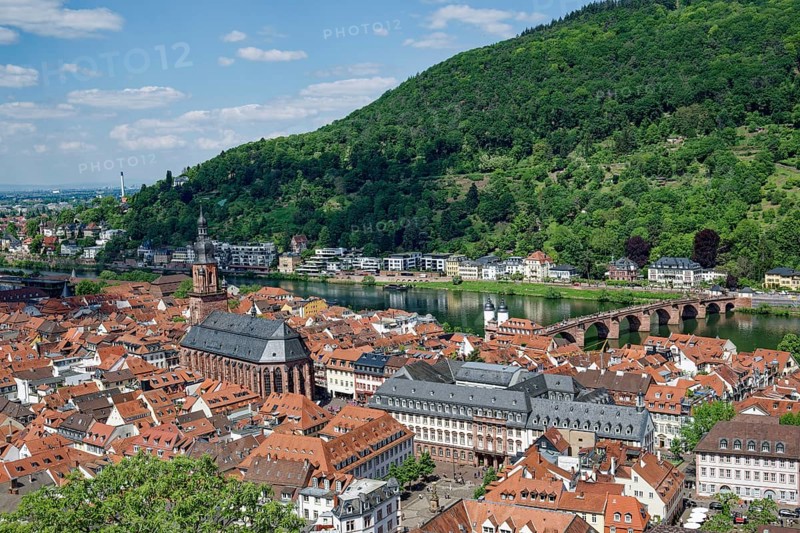 View of Heidelberg with the Heiliggeistkirche and the Old Bridge from the garden of Heidelberg Castle, Heidelberg, Baden-Wuerttemberg, Germany, Europe